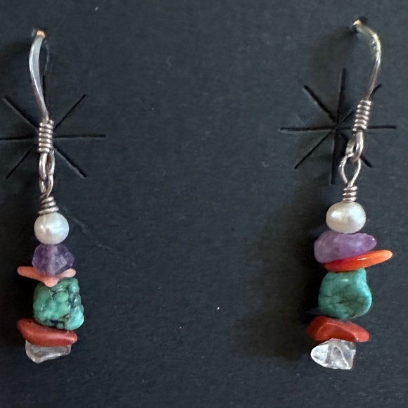 Native American Handcrafted Earrings Sterling Silver Turquoise Coral - Picture 2 of 6
